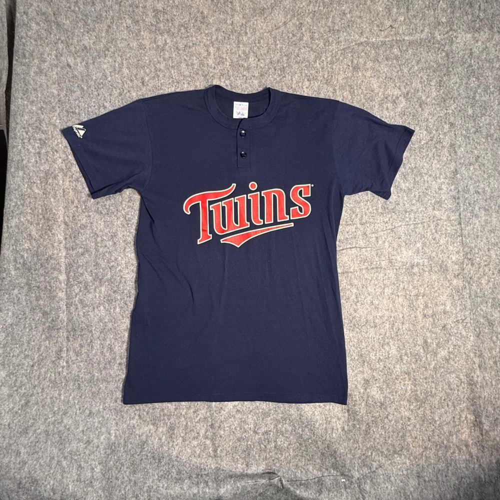 Majestic Minnesota Twins Mens Medium Navy Blue Henley Baseball Shirt Banana 9
